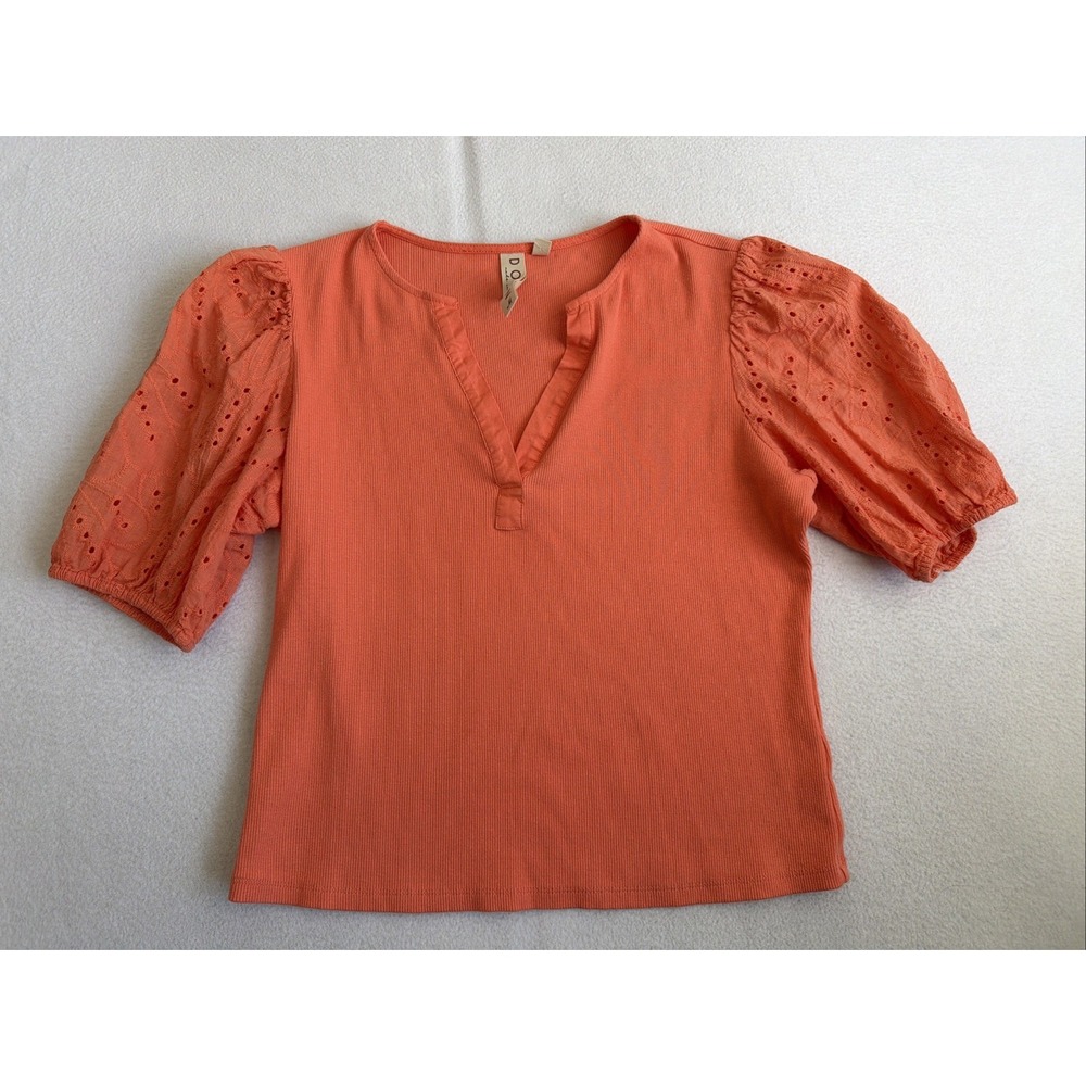 Dolan Left Coast Coral Ribbed Eyelet Puff Sleeve V-Neck Top Womens Medium